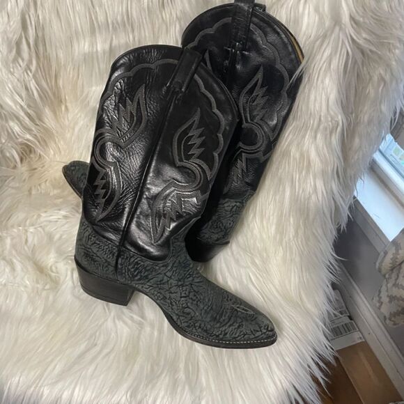 VTG Tony Lama‎ 6252 Black/Grey Shrunken Bull Shoulder Cowboy Boots Men 8D - Picture 4 of 9